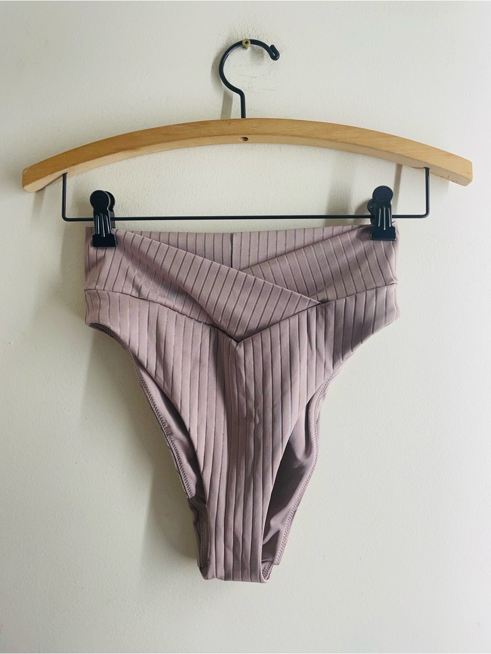 Aerie High Waisted High Cut Cheeky Bikini Bottom M Mauve Ribbed Crossover